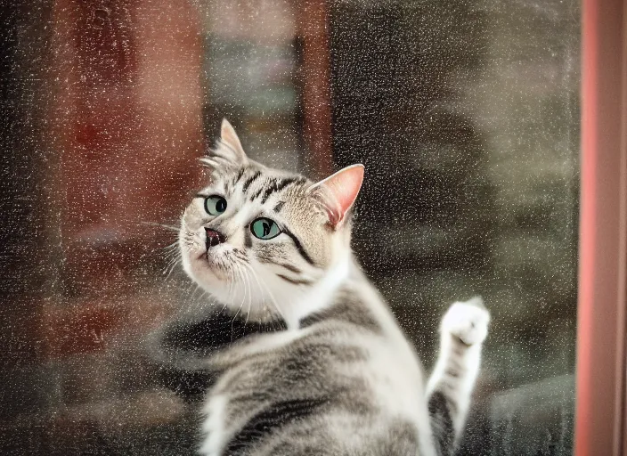 Image similar to photography of a Cat . watching outside the window while it rains. on a bed. in a 70's room full of vinyls and posters, photorealistic, raining award winning photo, 100mm, sharp, high res