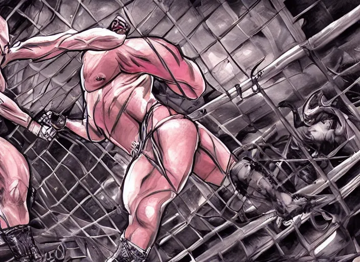 Image similar to a beautiful illustration of my friend joe rogan vs voldo in a steel cage match, digital art,