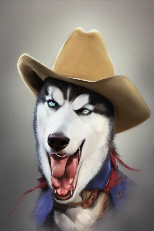 Image similar to a portrait painting of a husky in cowboy costume, wearing a cowboy hat, character design, personify, humanoid, anthropomorphic, trending on artstation