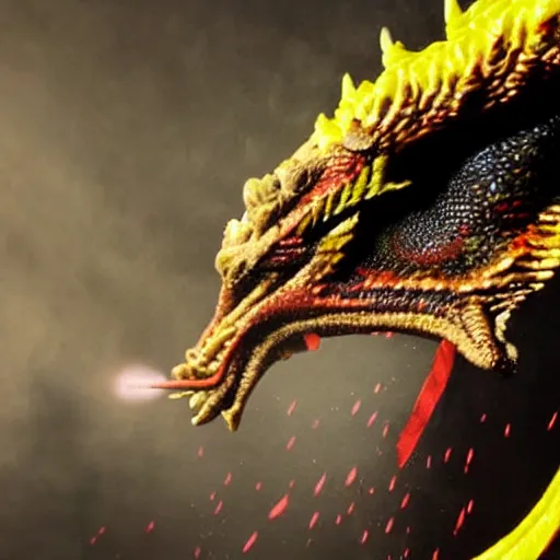 Image similar to close up of a flamming dragon, cinematographic shot,