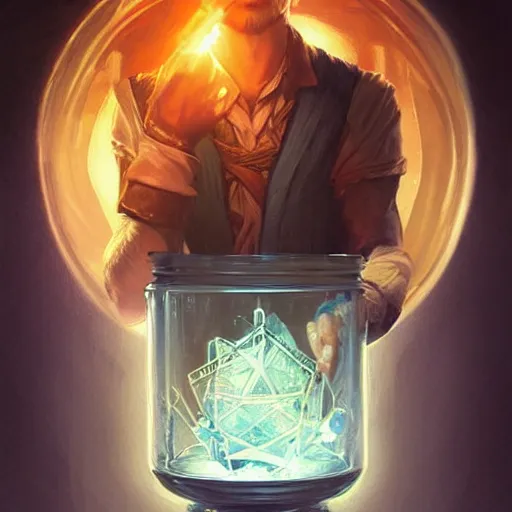 Image similar to man holding he's soul in a jar portrait, backlight, rim lighting, deep focus, d & d, fantasy, intricate, elegant, highly detailed, digital painting, artstation, concept art, matte, centered, sharp focus, illustration, hearthstone, art by artgerm, greg rutkowski and alphonse mucha