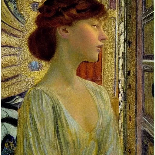 Prompt: a beautiful girl's face made of ivory and gold filigree, film still by edward hopper, by Bosch, by klimt, art noveau, highly detailed, strong lights, liminal, eerie, Bright pastel colors