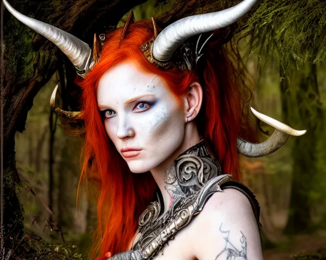 Image similar to 5 5 mm portrait photo of an armored gorgeous anesthetic redhead woman warrior with a face tattoo and horns growing from her head, in a magical forest in the style of stefan kostic, art by luis royo. highly detailed 8 k. intricate. lifelike. soft light. nikon d 8 5 0. cinematic post - processing