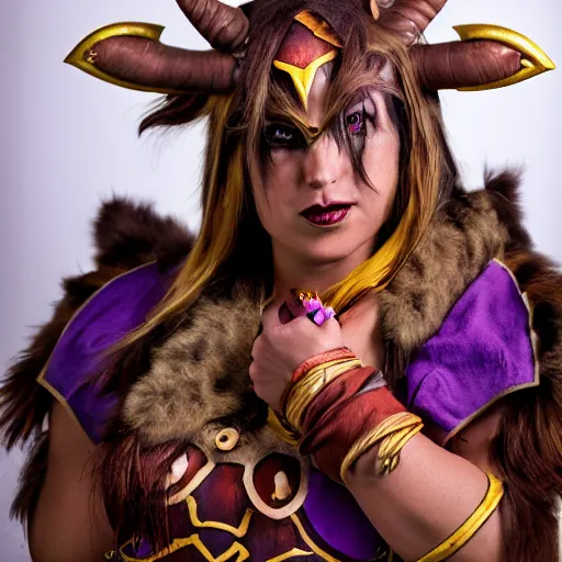 Image similar to female tauren from world of warcraft, cosplay, photoshoot, studio lighting, photograpy by Bruce Weber