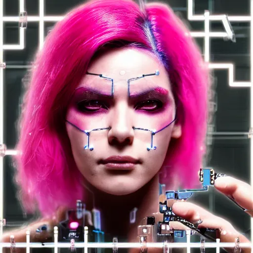 Image similar to portrait of a mexican woman with pink hair as a cyberpunk cyborg half robot, revealing wires and electronics, circuit boards, wire management, sci - fi, missing panels, intricate abstract upper body intricate artwork, concept art, octane render, deviantart, cinematic, key art, hyperrealism, iridescent accents, portrait photograph, nikon 3 5 mm, photograph by greg rutkowski