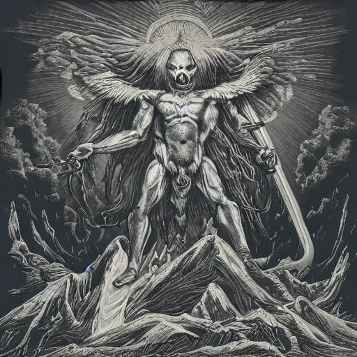 Image similar to mandrill descending from heaven, in the style of deathspell omega's fas album cover, illustration, detailed