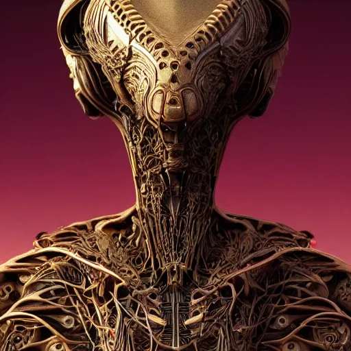 Prompt: a highly detailed photographic portrait of an alien, biomechanical sculpture, mandelbrot fractal, intricate, elegant, ornate, elegant, luxurious, beautifully lit, ray traced, octane 3D render in the style of Gerald Brom and James Gurney