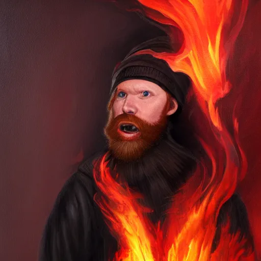 Image similar to grumpy red haired man with red beard, wearing black coat, fire behind him, oil painting, fantasy artwork, fantastic artwork, 4 k, trending on artstation