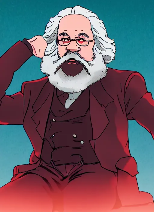 Image similar to cell shaded key visual of a karl marx in the style of studio ghibli, moebius, makoto shinkai