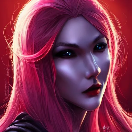 Image similar to princess of darkness, style of moebius, artgerm comic, piercing eyes, long glowing red hair, cinematic, highly detailed, award winning