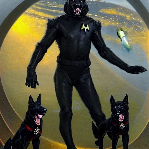 Image similar to fullbody of a black german shepard dogman man alien in jumpsuit starfleet star trek vacation at risa. highly detailed painting by gaston bussiere craig mullins jc