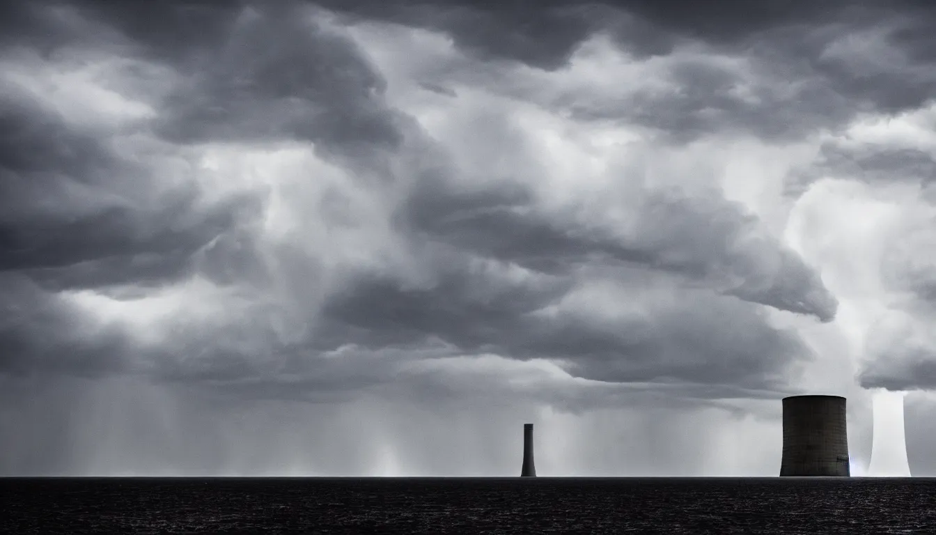 Image similar to lonely nuclear silo on the island, lake, windy waves, raining, storm, distant thunder, atmospheric, scary, claustrophobic, ambient vibe, very detailed, high resolution, 8 k