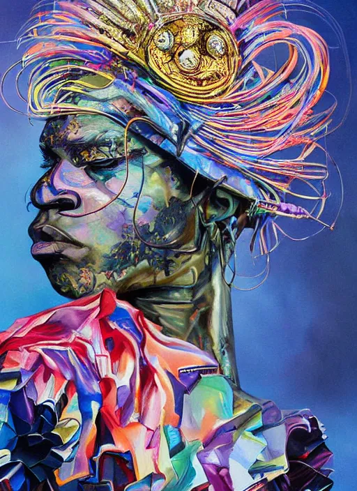 Image similar to ( ( ( ( ( beautiful painting of [ kanye west ], [ kanye west ] concept art, sci - fi illustration, airbrush watercolor painting [ cyberpunk ] ) ) ) ) ) by kehinde wiley and archan nair [ hyperrealism ]!!!!!!!