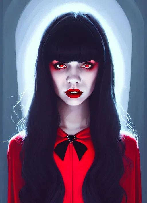 Image similar to portrait of vampire veronica lodge with bangs, vampire fangs, vampire, long hair, red clothes, bangs, vampironica, intricate, elegant, glowing lights, highly detailed, digital painting, artstation, concept art, smooth, sharp focus, illustration, art by wlop, mars ravelo and greg rutkowski