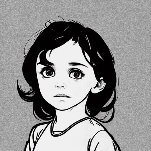 Image similar to clean simple line art of a little girl with short wavy curly light brown hair and blue eyes, a superhero. no background. well composed, clean, black and white, beautiful detailed face line art by ilya kuvshinov and alphonse mucha
