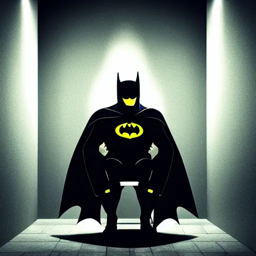 Prompt: close shot photo of batman sitting on a toilet, dirty tiles in the wall, tight room, dramatic lights, dark colours