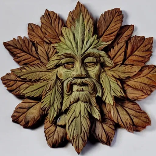 Image similar to deeply carved and stained, highly detailed wood carving depicting the face of the marijuana green man, as if made of obvious cannabis fan leaves, resting in a bed of real cannabis leaves