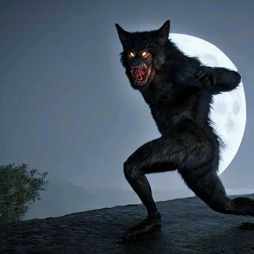 Image similar to young man transforming into a feral werewolf with a tail under the moon with black soft realistic fur, ultra detail, unreal engine, 8 k, ssao