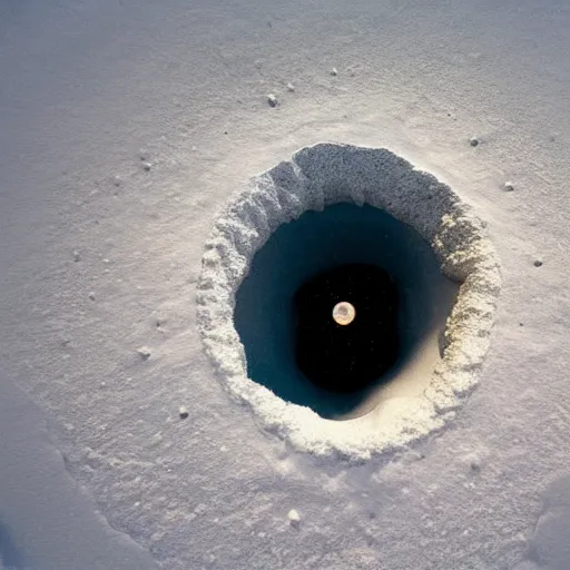 Image similar to a top down view of a hole in the snow with a wormhole that leads into another dimension, highly detailed, National Geographic Photo