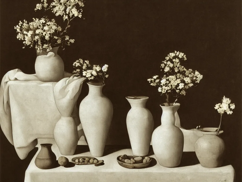 Image similar to Still life with white vase, ceramic pot, dried flower, woman washing her feet. Painting by Zurbaran, Karl Blossfeldt, Morandi