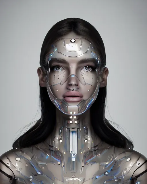 Image similar to fashion portrait, most beautiful girl in the world, glowing cybernetic augments, hyperrealism, year 2447, cdx