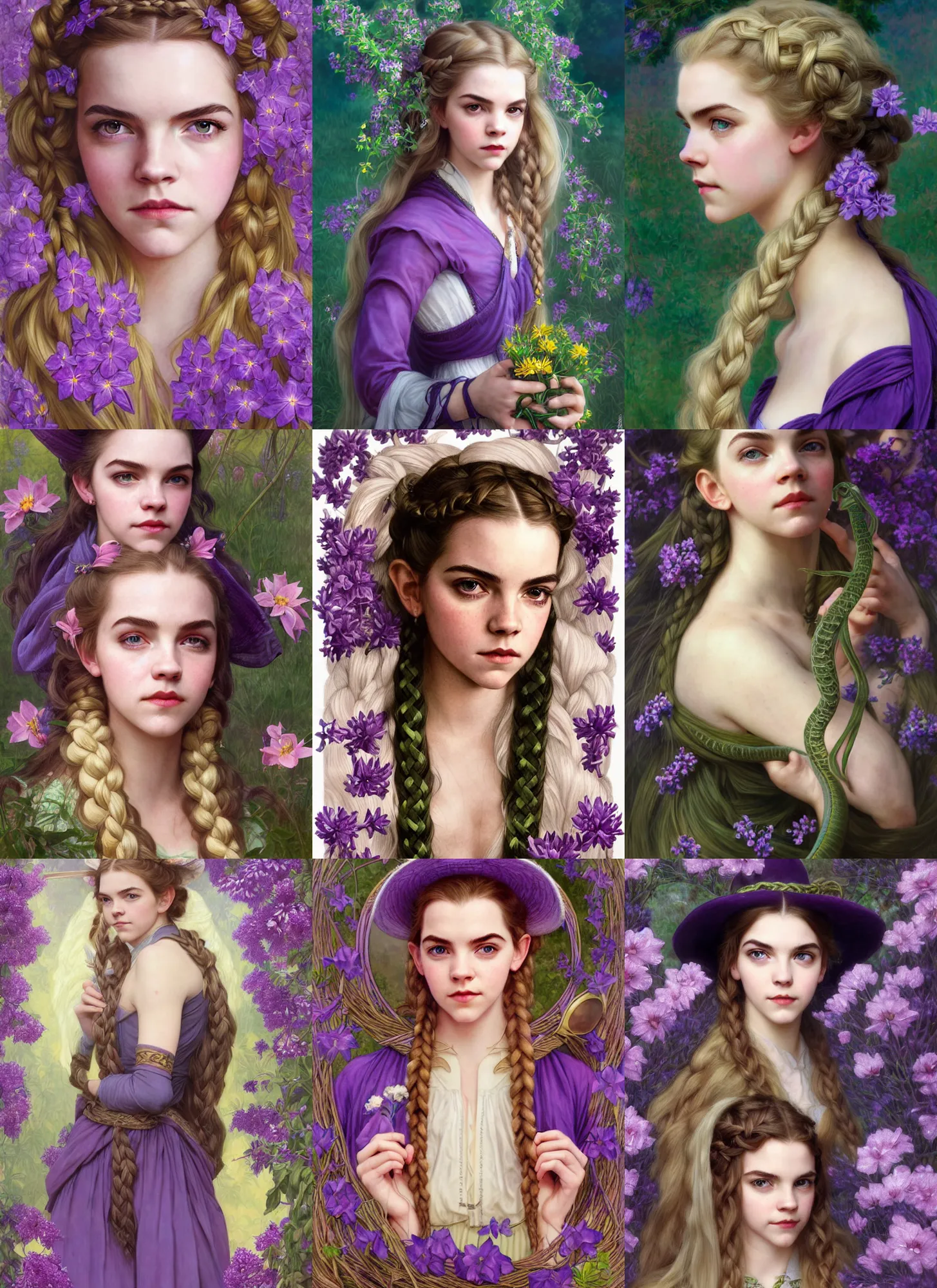 Prompt: portrait anya taylor-joy, emma watson, beautiful elvish snake oil salesman cowboy goddess with flowers in long blond braided hair, shining purple green bull run high profit margin glow, 8k highly detailed, sharp focus, illustration, art by artgerm, mucha, bouguereau