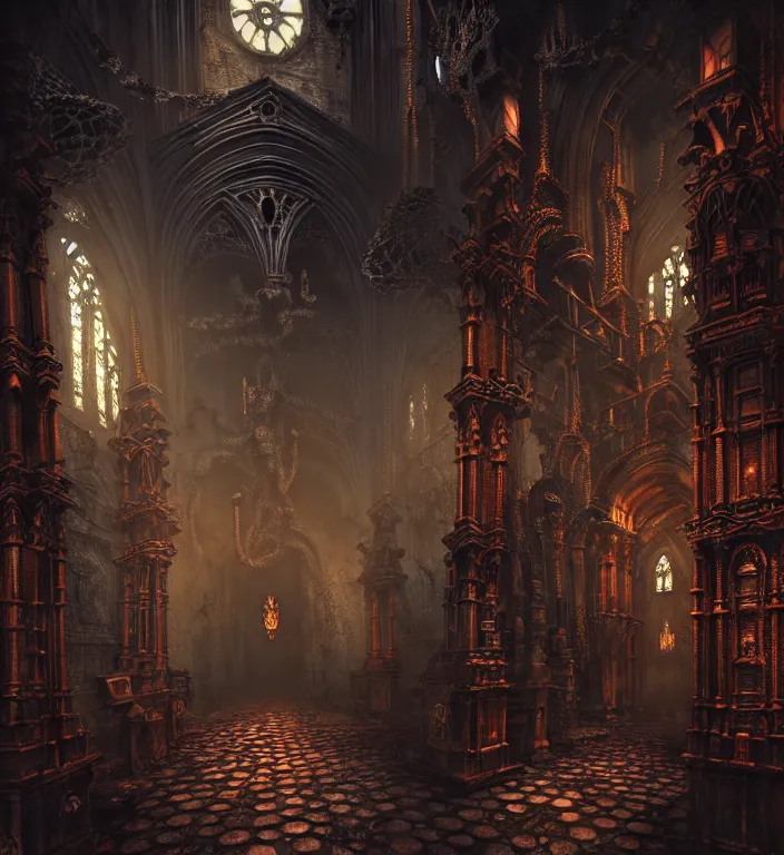 Image similar to steam necropolis, memento mori, gothic, neo - gothic, art nouveau, hyperdetailed copper patina medieval icon, stefan morrell, philippe druillet, ralph mcquarrie, concept art, steampunk, unreal engine, detailed intricate environment, octane render, moody atmospherics, volumetric lighting, ultrasharp, ominous, otherworldly