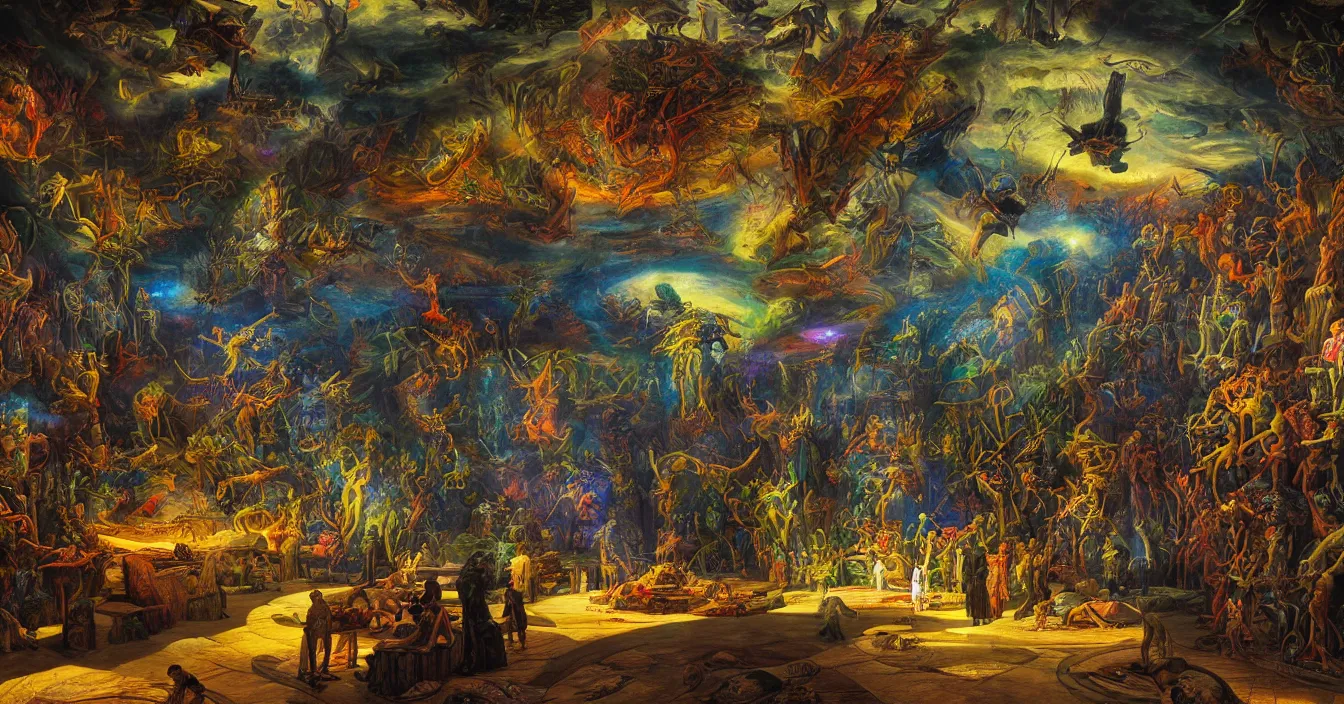 Prompt: Colorful photograph of detail interior of futuristic alien museum, full of thousands of exhibits from different places of our universe, incerdible sharp detail, back light contrast, dramatic atmosphere, bright vivid colours, painted by Asher Brown Durand , Gustave Dore, George Inness,