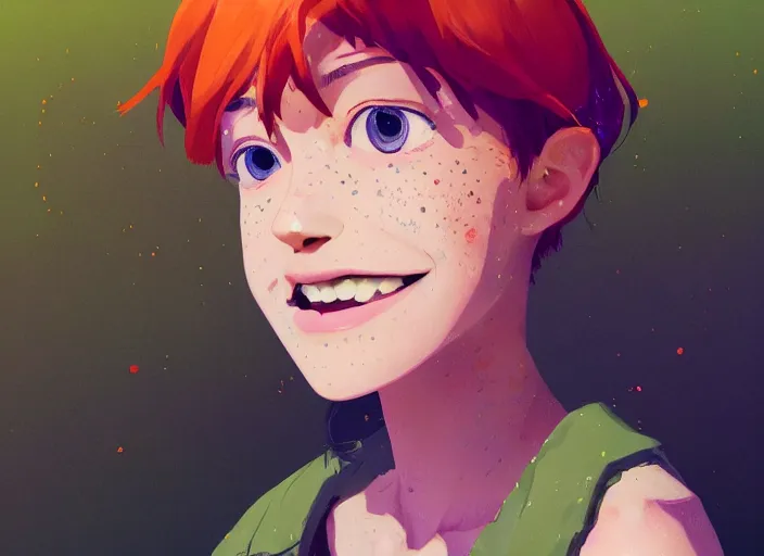 Image similar to portrait of a beautiful smiling girl with orange hair and freckles, green eyes, detailed facial features, beautiful face, digital painting, artstation, highly detailed, by makoto shinkai and thomas kindle and James gilleard