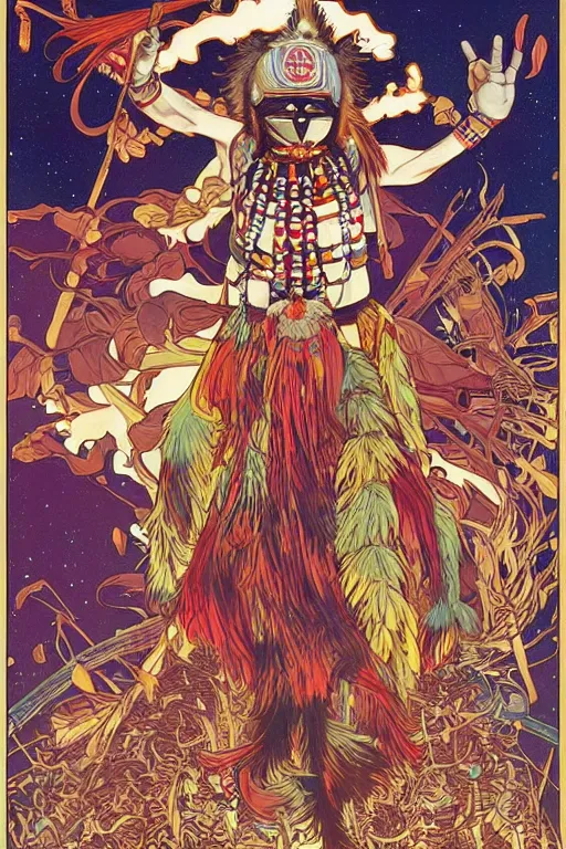 Image similar to serene scene of an apache kachina dancing around a fire while the apache tribe observes, by artgerm and yoshitaka amano and moebius and alphonse mucha, hyperdetailed, dc comics, ornate, nebula, explosions in the sky, trending on artstation