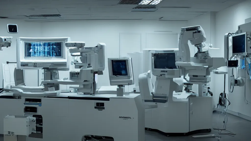 Image similar to an mri image machine and control panels in the inspection room, film still from the movie directed by denis villeneuve with art direction by salvador dali, wide lens