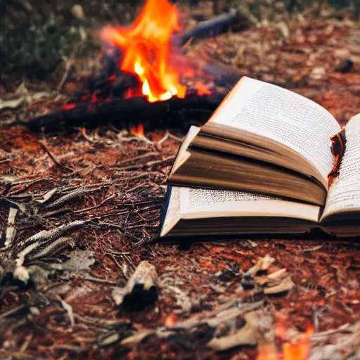 Prompt: book near a campfire, spooky forest background burnt orange and navy hues, highly detailed, dslr