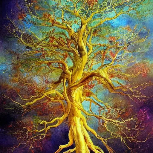 Prompt: an amano oil painting of a very wonderful perfect amazing incredible glorious beautiful mind flowing giant tree of heavenly grace