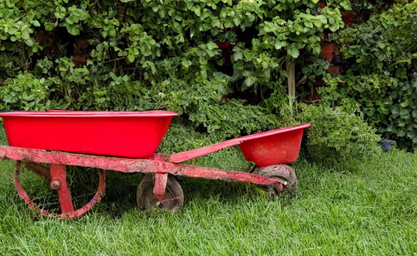 Prompt: a red wheel barrow glazed with rainwater besides the white chickens.