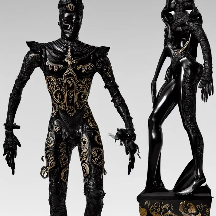 Prompt: fine art statue of masculine black egyptian god on a surrealist motorcycle, ebony art deco, carved black marble, inlaid with ebony and gold accents, ebony rococo, wings black lace wear, sculpted by spider zero, zaha hadid, beautifully lit, hyper detailed, intricate, elite, ornate, photorealistic, micro details, 3 d sculpture, ray trace