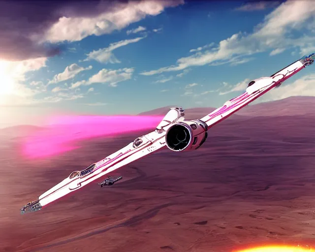 Image similar to ultra realistic cgi of a star wars podracer with pink anime livery, 4k, render