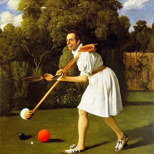 Image similar to jerry seinfeld playing croquet in the garden, happy expression, smiling, holding a croquet mallet, rule of thirds, golden ratio, oil on canvas, highly detailed, warm color scheme, soft lighting, sharp focus, adelaide labille - guiard, artemisia gentileschi