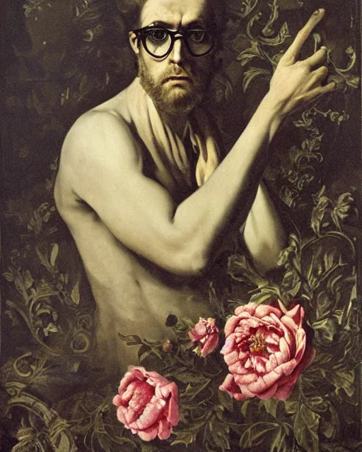 Prompt: a beautiful and eerie baroque painting of a beautiful but serious man in layers of fear, with haunted eyes and glasses, 1 9 7 0 s, seventies, floral wallpaper, wilted flowers, morning light showing injuries, delicate ex embellishments, painterly, offset printing technique