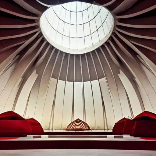 Image similar to interior of a futuristic lotus temple with gold, red and white marble panels, in the desert, by buckminster fuller and syd mead, intricate contemporary architecture, photo journalism, photography, cinematic, national geographic photoshoot