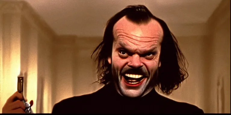 Image similar to photorealistic close up cinematography of the character jack torrance played by jack nicholson from stanley kubrick's 1 9 8 0 film the shining sitting at the overlook hotel's gold ballroom bar laughing right at the camera shot on 3 5 mm 5 2 4 7 film by the shining cinematographer john alcott on a 6 5 mm cooke panchro macro lens.