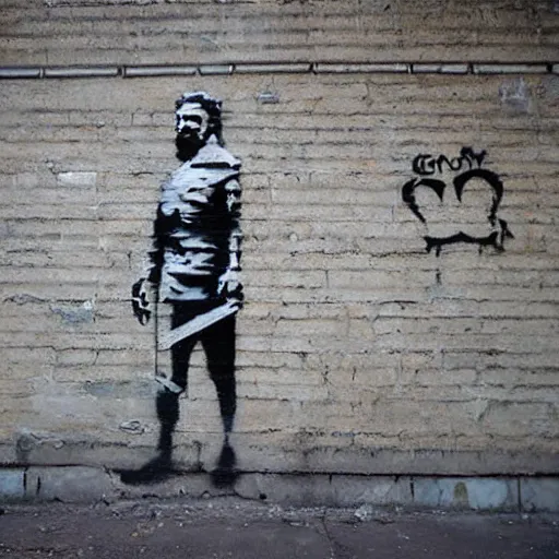 Image similar to banksy, georgian bearded king graffiti, real life, sharp focus