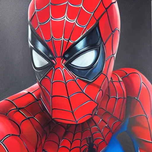 Image similar to photorealistic, hyperdetailed oil painting of a spider - man and iron man hybrid