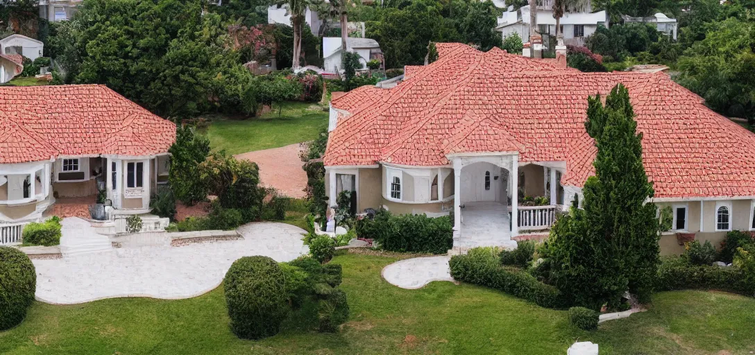 Image similar to large house with portuguese tiles in quiet suburban neighborhood. photographed by wes anderson. 8 k.