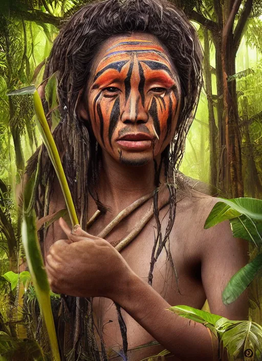 Image similar to beautiful matte painting of a portrait of a plant teacher spirit uchu sanango in the jungle, tribal face paintings, ayahuasca, matte painting, realistic