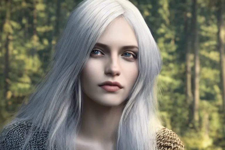 Image similar to hyperrealistic portrait of stunningly beautiful silver haired girl, lit by dawn light, deep forest on background, trending on artstation,ultrawide angle, f8 , polarizer , unreal engine