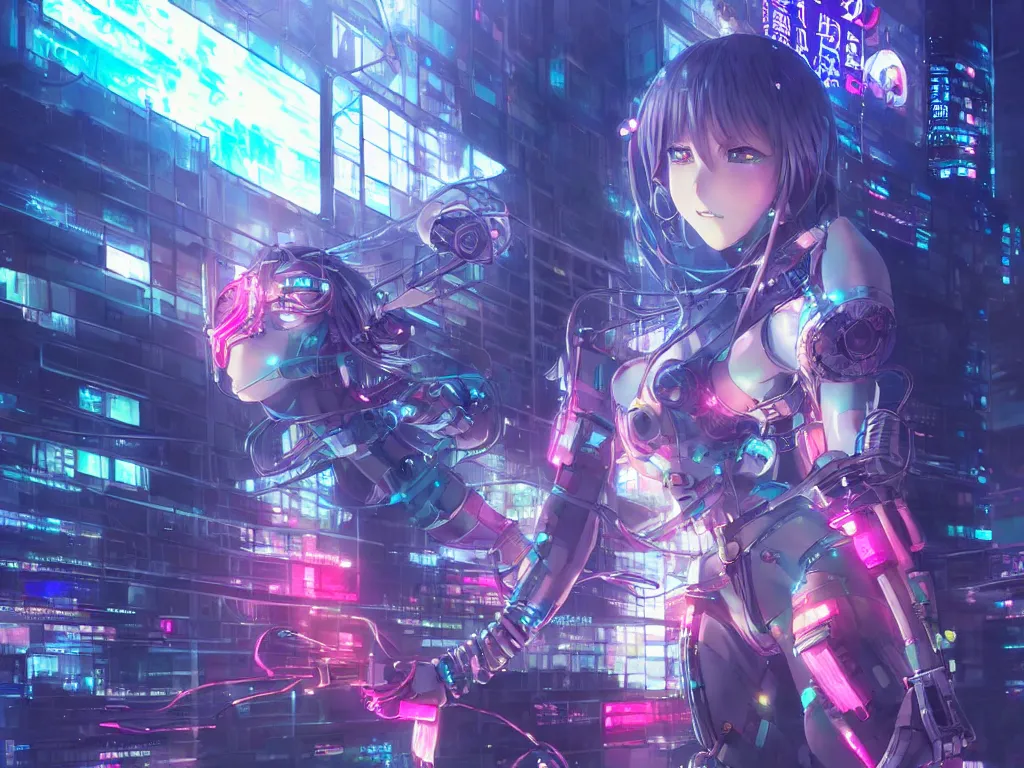 Prompt: anime key visual of futuristic cyber warrior girl, on cyberpunk neon light tokyo rooftop, ssci - fi and fantasy, intricate and very beautiful, highly detailed and digital painting, concept art, smooth, illustration, art by rongzhen luo, rossdraws and huaixuan xiang and wlop