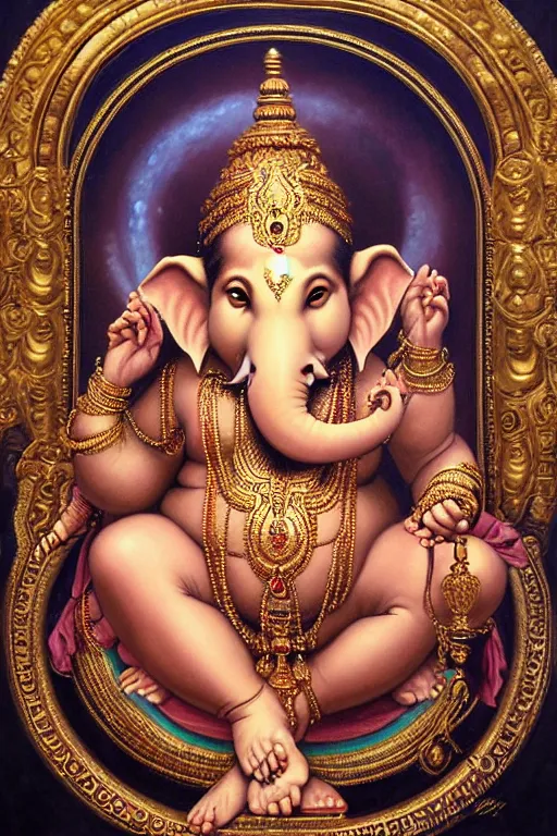 Prompt: hyper realistic painting portrait of ganesha, occult diagram, elaborate details, detailed face, intrincate ornaments, gold decoration, occult art, oil painting, art noveau, in the style of roberto ferri, gustav moreau, david kassan, bussiere, saturno butto, boris vallejo