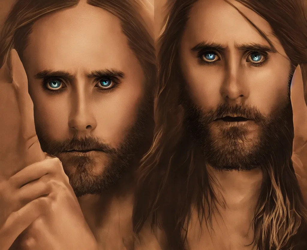 Image similar to dramatic portrait of Jared Leto, bloomed lighting, angelic, futuristic, beautiful colors, slightly golden, very sharp likeness, very detailed, chopping hands, electrical details, cinematic lighting high details, 4k, 8k, trending on artstation, ultra-realism