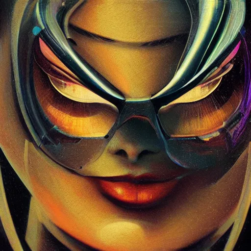 Image similar to detailed face of a woman, clockwork, moment, tectonic sky, skydome, bullet train, turbines, utopian, tech noir, wet reflections, prism, atmospheric, ambient, pj crook, syd mead, livia prima, greg rutkowski, edward hopper