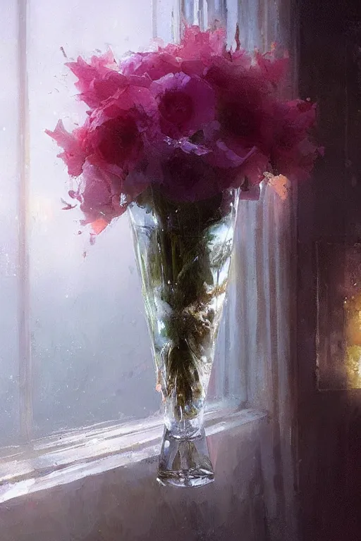 Prompt: lush flowers in a crystal vase by jeremy mann and greg rutkowski, beautiful cinematic lights, trending on artstation, oil on canvas